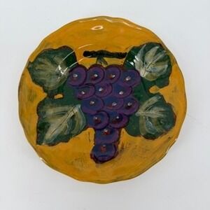 Arte Italica Italy Hand Painted Ceramic Grape Plate Yellow Scalloped 8 Inch